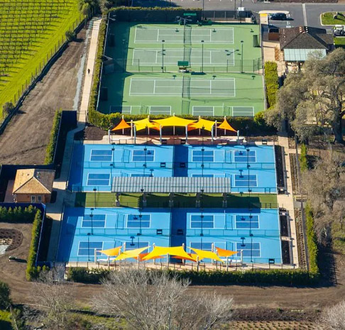 Aerial view of the tennis and pickleball courts. 